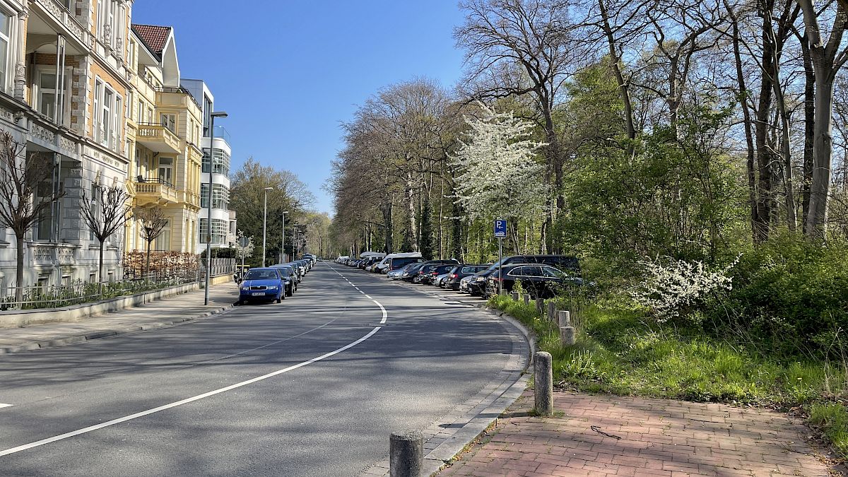 Die Straße trennt die Eilenriede von der Stadt.
